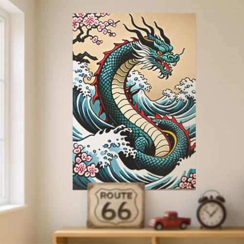 龍 海 波 桜 幸運 タペストリー 和モダン 和柄 浮世絵風 刺青風 昭和レトロ 壁掛け 大判 長方形 タトゥー ジャパニーズ 男気 アウトロー 壁布 青 赤 白