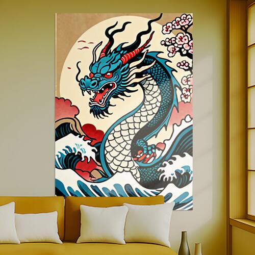 龍 海 波 桜 伝説 タペストリー 和モダン 和柄 浮世絵風 刺青風 昭和レトロ 壁掛け 大判 長方形 タトゥー ジャパニーズ 男気 アウトロー 壁布 青 白 赤