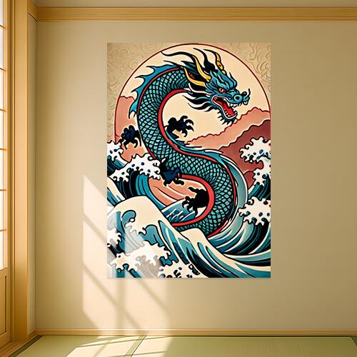 龍 海 波 雲 縁起物 タペストリー 和モダン 和柄 浮世絵風 刺青風 昭和レトロ 壁掛け 大判 長方形 タトゥー ジャパニーズ 男気 アウトロー 壁布 青 赤 黄色