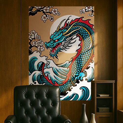 龍 波 桜 月 縁起物 タペストリー 和モダン 和柄 浮世絵風 刺青風 昭和レトロ 壁掛け 大判 長方形 タトゥー ジャパニーズ 男気 アウトロー 壁布 青 赤 白