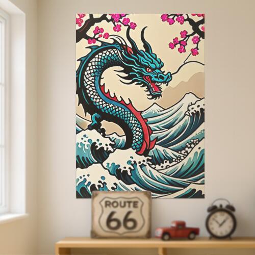 龍 波 桜 山 浮世絵 タペストリー 和モダン 和柄 浮世絵風 刺青風 昭和レトロ 壁掛け 大判 長方形 タトゥー ジャパニーズ 男気 アウトロー 壁布 青 赤 ピンク