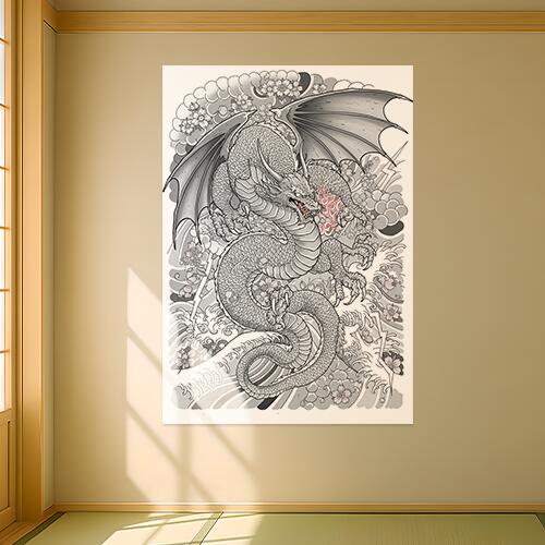 龍 桜 雷 波 雲 タペストリー 和モダン 和柄 浮世絵風 刺青風 昭和レトロ 壁掛け 大判 長方形 タトゥー ジャパニーズ 男気 アウトロー 壁布 白 グレー ピンク
