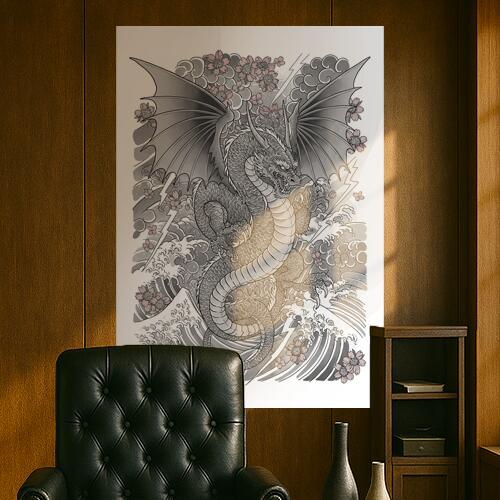 龍 桜 波 雷 雲 タペストリー 和モダン 和柄 浮世絵風 刺青風 昭和レトロ 壁掛け 大判 長方形 タトゥー ジャパニーズ 男気 アウトロー 壁布 白 グレー ピンク