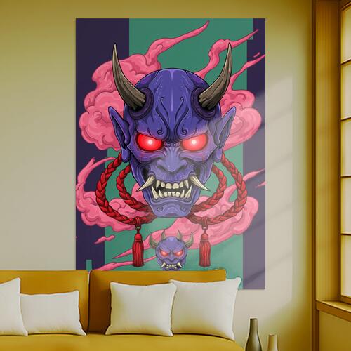 鬼 般若 悪魔 妖怪 伝統 タペストリー 和モダン 和柄 浮世絵風 刺青風 昭和レトロ 壁掛け 大判 長方形 タトゥー ジャパニーズ 男気 アウトロー 壁布 紫 赤 ピンク