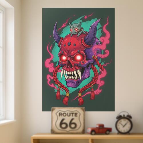 鬼 髑髏 悪魔 妖怪 守護霊 タペストリー 和モダン 和柄 浮世絵風 刺青風 昭和レトロ 壁掛け 大判 長方形 タトゥー ジャパニーズ 男気 アウトロー 壁布 赤 紫 グレー