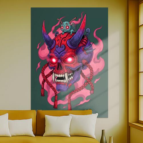 鬼 髑髏 火炎 妖怪 悪魔 タペストリー 和モダン 和柄 浮世絵風 刺青風 昭和レトロ 壁掛け 大判 長方形 タトゥー ジャパニーズ 男気 アウトロー 壁布 赤 ピンク 紫
