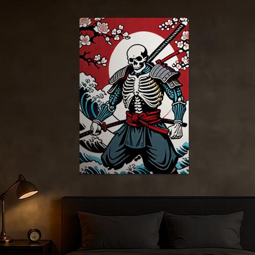 骸骨 武士 桜 波 日本画 タペストリー 和モダン 和柄 浮世絵風 刺青風 昭和レトロ 壁掛け 大判 長方形 ..