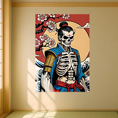 武士 骸骨 桜 月 波 タペストリー 和モダン 和柄 浮世絵風 刺青風 昭和レトロ 壁掛け 大判 長方形 タトゥー ジャパニーズ 男気 アウトロー 壁布 青 黒 白
