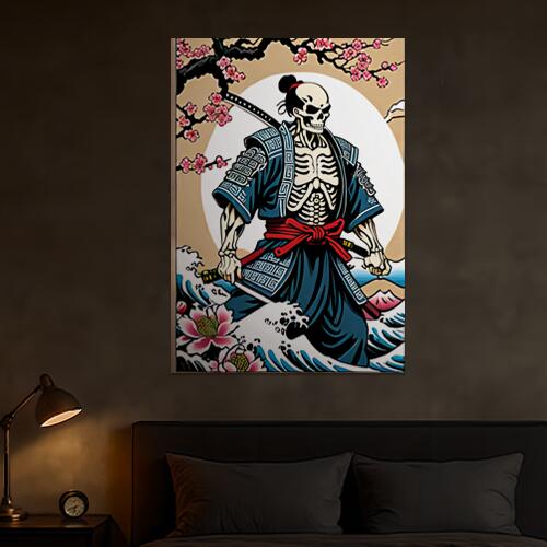 骸骨 武士 桜 波 日本画 タペストリー 和モダン 和柄 浮世絵風 刺青風 昭和レトロ 壁掛け 大判 長方形 タトゥー ジャパニーズ 男気 アウトロー 壁布 紺 赤 白