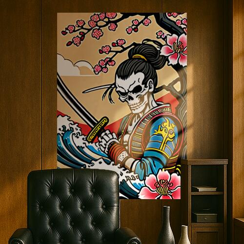 武士 髑髏 波 桜 日本刀 タペストリー 和モダン 和柄 浮世絵風 刺青風 昭和レトロ 壁掛け 大判 長方形 ..