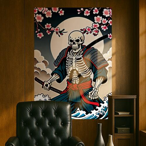 骸骨 武士 桜 月 波 タペストリー 和モダン 和柄 浮世絵風 刺青風 昭和レトロ 壁掛け 大判 長方形 タトゥー ジャパニーズ 男気 アウトロー 壁布 白 黒 赤
