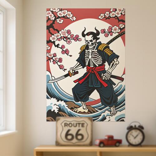 侍 武士道 桜 死 幽霊 タペストリー 和モダン 和柄 浮世絵風 刺青風 昭和レトロ 壁掛け 大判 長方形 タトゥー ジャパニーズ 男気 アウトロー 壁布 赤 黒 白