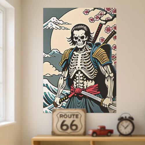 骸骨 武士 刀 月 桜 タペストリー 和モダン 和柄 浮世絵風 刺青風 昭和レトロ 壁掛け 大判 長方形 タトゥー ジャパニーズ 男気 アウトロー 壁布 黒 白 青