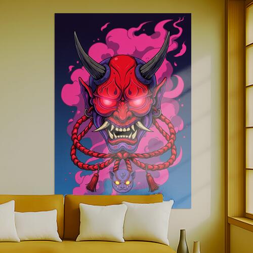 鬼 般若 妖怪 悪魔 伝統 タペストリー 和モダン 和柄 浮世絵風 刺青風 昭和レトロ 壁掛け 大判 長方形 タトゥー ジャパニーズ 男気 アウトロー 壁布 赤 ピンク 紫