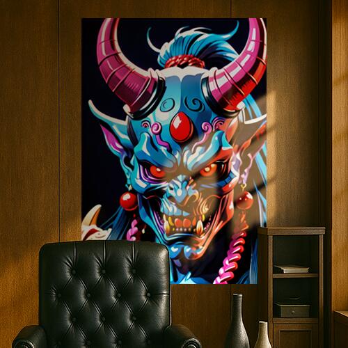 鬼 悪魔 妖怪 角 憤怒 タペストリー 和モダン 和柄 浮世絵風 刺青風 昭和レトロ 壁掛け 大判 長方形 タ..