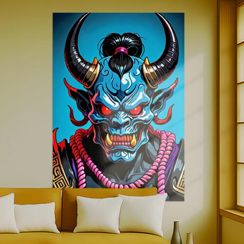 鬼 悪魔 角 侍 武士 タペストリー 和モダン 和柄 浮世絵風 刺青風 昭和レトロ 壁掛け 大判 長方形 タトゥー ジャパニーズ 男気 アウトロー 壁布 青 赤 黒