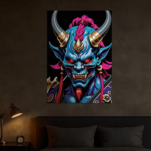 鬼 角 鎧 武士 悪魔 タペストリー 和モダン 和柄 浮世絵風 刺青風 昭和レトロ 壁掛け 大判 長方形 タト..