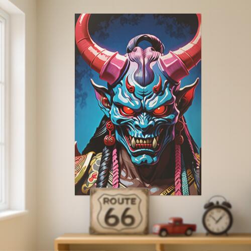 鬼 角 牙 鎧 髪 タペストリー 和モダン 和柄 浮世絵風 刺青風 昭和レトロ 壁掛け 大判 長方形 タトゥー ジャパニーズ 男気 アウトロー 壁布 青 赤 黒