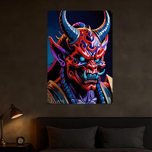 鬼 悪魔 角 鎧 炎 タペストリー 和モダン 和柄 浮世絵風 刺青風 昭和レトロ 壁掛け 大判 長方形 タトゥ..