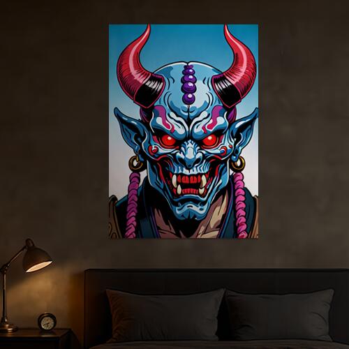 鬼 悪魔 角 怒り 妖怪 タペストリー 和モダン 和柄 浮世絵風 刺青風 昭和レトロ 壁掛け 大判 長方形 タトゥー ジャパニーズ 男気 アウトロー 壁布 青 赤 ピンク