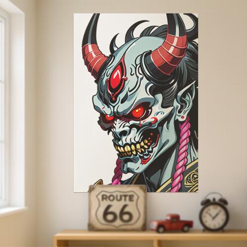鬼 悪魔 角 牙 怨念 タペストリー 和モダン 和柄 浮世絵風 刺青風 昭和レトロ 壁掛け 大判 長方形 タトゥー ジャパニーズ 男気 アウトロー 壁布 白 黒 赤