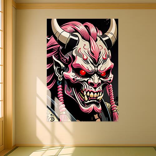 鬼 悪魔 角 牙 能面 タペストリー 和モダン 和柄 浮世絵風 刺青風 昭和レトロ 壁掛け 大判 長方形 タトゥー ジャパニーズ 男気 アウトロー 壁布 赤 ピンク 白