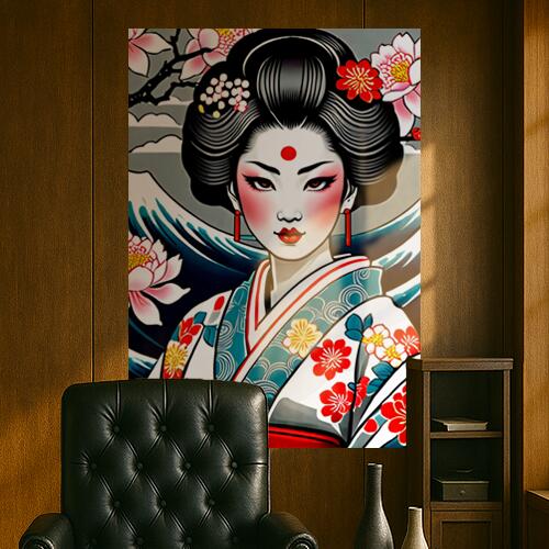芸者 着物 花 波 日本画 タペストリー 和モダン 和柄 浮世絵風 刺青風 昭和レトロ 壁掛け 大判 長方形 ..