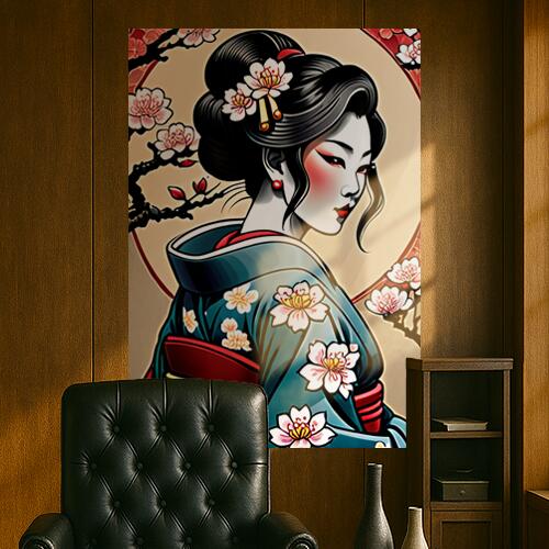 芸者 着物 桜 日本画 美人 タペストリー 和モダン 和柄 浮世絵風 刺青風 昭和レトロ 壁掛け 大判 長方形 タトゥー ジャパニーズ 男気 アウトロー 壁布 白 黒 赤
