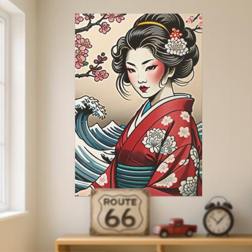 芸者 着物 桜 波 日本美術 タペストリー 和モダン 和柄 浮世絵風 刺青風 昭和レトロ 壁掛け 大判 長方..