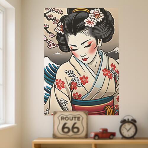 芸者 着物 花 日本画 美人画 タペストリー 和モダン 和柄 浮世絵風 刺青風 昭和レトロ 壁掛け 大判 長方形 タトゥー ジャパニーズ 男気 アウトロー 壁布 白 赤 黒