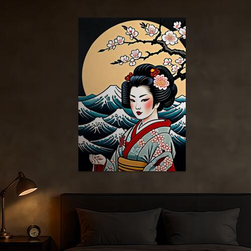 芸者 着物 波 月 桜 タペストリー 和モダン 和柄 浮世絵風 刺青風 昭和レトロ 壁掛け 大判 長方形 タトゥー ジャパニーズ 男気 アウトロー 壁布 黒 白 赤