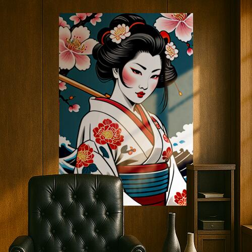 芸者 着物 花 日本 美人 タペストリー 和モダン 和柄 浮世絵風 刺青風 昭和レトロ 壁掛け 大判 長方形 タトゥー ジャパニーズ 男気 アウトロー 壁布 白 赤 黒