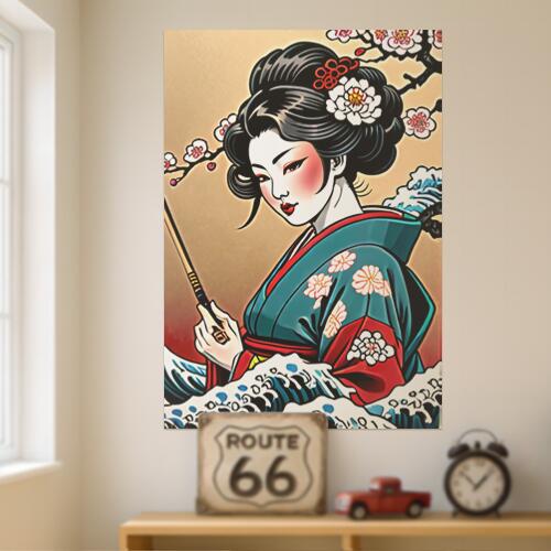 芸者 着物 桜 日本画 美人画 タペストリー 和モダン 和柄 浮世絵風 刺青風 昭和レトロ 壁掛け 大判 長方形 タトゥー ジャパニーズ 男気 アウトロー 壁布 黒 赤 白