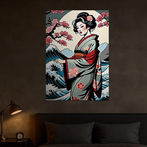 芸者 着物 桜 波 月 タペストリー 和モダン 和柄 浮世絵風 刺青風 昭和レトロ 壁掛け 大判 長方形 タトゥー ジャパニーズ 男気 アウトロー 壁布 白 グレー 赤