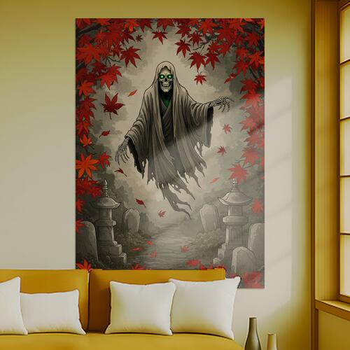 幽霊 墓地 紅葉 灯篭 死 タペストリー 和モダン 和柄 浮世絵風 刺青風 昭和レトロ 壁掛け 大判 長方形 タトゥー ジャパニーズ 男気 アウトロー 壁布 グレー 赤 緑