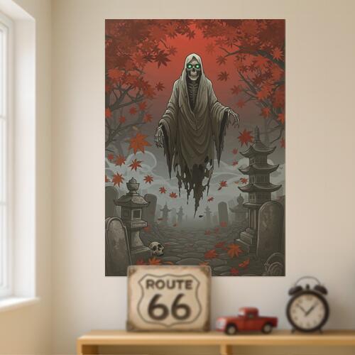 死神 墓地 幽霊 霊魂 冥界 タペストリー 和モダン 和柄 浮世絵風 刺青風 昭和レトロ 壁掛け 大判 長方形 タトゥー ジャパニーズ 男気 アウトロー 壁布 赤 グレー 黒