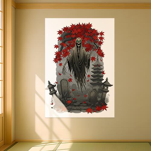 幽霊 墓地 紅葉 塔 灯篭 タペストリー 和モダン 和柄 浮世絵風 刺青風 昭和レトロ 壁掛け 大判 長方形 ..