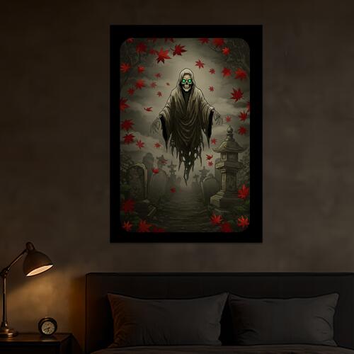 幽霊 墓地 紅葉 灯篭 死 タペストリー 和モダン 和柄 浮世絵風 刺青風 昭和レトロ 壁掛け 大判 長方形 タトゥー ジャパニーズ 男気 アウトロー 壁布 グレー 赤 緑