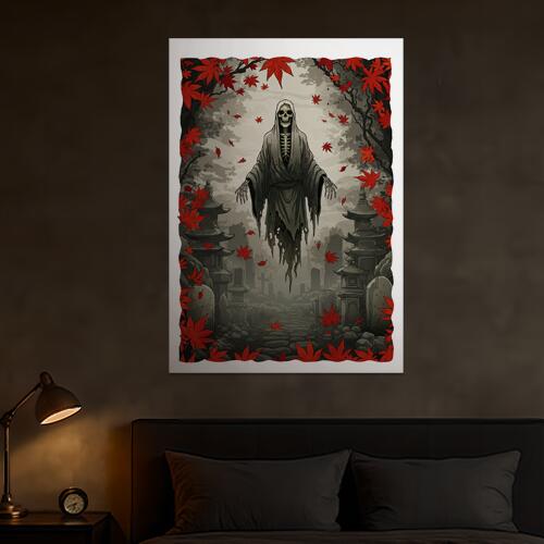 幽霊 墓地 紅葉 燈籠 死 タペストリー 和モダン 和柄 浮世絵風 刺青風 昭和レトロ 壁掛け 大判 長方形 タトゥー ジャパニーズ 男気 アウトロー 壁布 グレー 赤