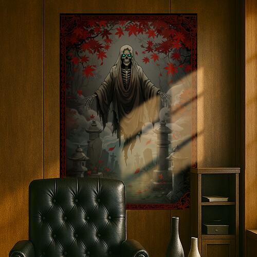 幽霊 墓地 灯篭 紅葉 死 タペストリー 和モダン 和柄 浮世絵風 刺青風 昭和レトロ 壁掛け 大判 長方形 タトゥー ジャパニーズ 男気 アウトロー 壁布 グレー 赤 黒