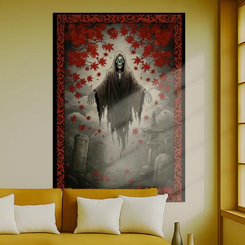 死神 墓地 紅葉 幽霊 提灯 タペストリー 和モダン 和柄 浮世絵風 刺青風 昭和レトロ 壁掛け 大判 長方形 タトゥー ジャパニーズ 男気 アウトロー 壁布 グレー 赤 黒