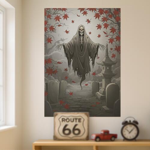 死神 墓地 灯篭 紅葉 幽霊 タペストリー 和モダン 和柄 浮世絵風 刺青風 昭和レトロ 壁掛け 大判 長方形 タトゥー ジャパニーズ 男気 アウトロー 壁布 グレー 赤 黄色