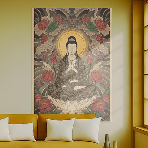 仏像 蓮 悟り 平和 瞑想 タペストリー 和モダン 和柄 浮世絵風 刺青風 昭和レトロ 壁掛け 大判 長方形 タトゥー ジャパニーズ 男気 アウトロー 壁布 ベージュ 黄色 赤