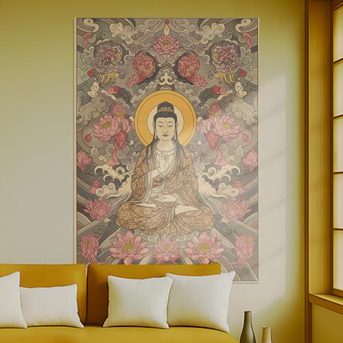 仏像 蓮の花 光背 瞑想 平和 タペストリー 和モダン 和柄 浮世絵風 刺青風 昭和レトロ 壁掛け 大判 長..