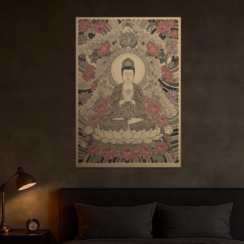 仏像 蓮 悟り 平和 瞑想 タペストリー 和モダン 和柄 浮世絵風 刺青風 昭和レトロ 壁掛け 大判 長方形 ..