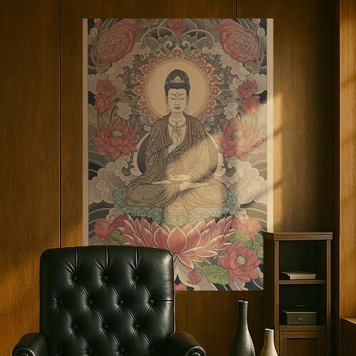 仏陀 蓮 悟り 平和 瞑想 タペストリー 和モダン 和柄 浮世絵風 刺青風 昭和レトロ 壁掛け 大判 長方形 タトゥー ジャパニーズ 男気 アウトロー 壁布 ベージュ ピンク グレー