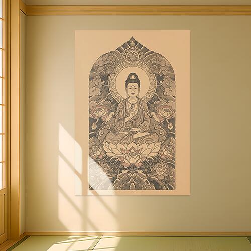 仏像 蓮 悟り 平和 瞑想 タペストリー 和モダン 和柄 浮世絵風 刺青風 昭和レトロ 壁掛け 大判 長方形 ..