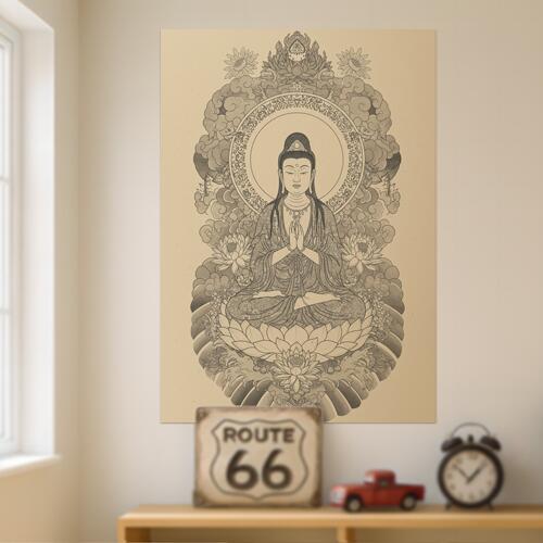 仏像 観音 蓮 悟り 平和 タペストリー 和モダン 和柄 浮世絵風 刺青風 昭和レトロ 壁掛け 大判 長方形 ..