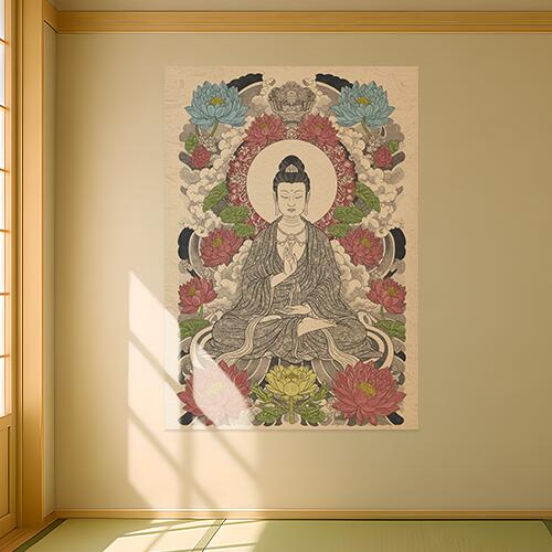 仏陀 蓮の花 悟り 瞑想 平和 タペストリー 和モダン 和柄 浮世絵風 刺青風 昭和レトロ 壁掛け 大判 長方形 タトゥー ジャパニーズ 男気 アウトロー 壁布 ベージュ グレー 赤
