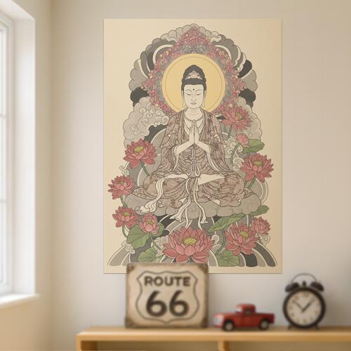 仏像 蓮 光背 瞑想 平和 タペストリー 和モダン 和柄 浮世絵風 刺青風 昭和レトロ 壁掛け 大判 長方形 ..